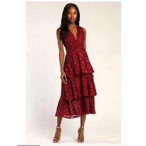 Lulus Wine Red Make It Mesmerizing Lace Ruffled Tiered Sleeveless Midi Dress XL